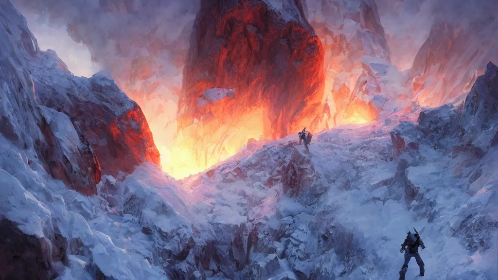 Prompt: in a coldly mountain, covered with snow, d by a crack begin to erupt incandescent magma, dramatic lighting, dynamic lighting, cinematic lighting, lit by morning light, by makoto makoto, krenz cushart and artgerm, anime, featured on artstation, ultrawide angle