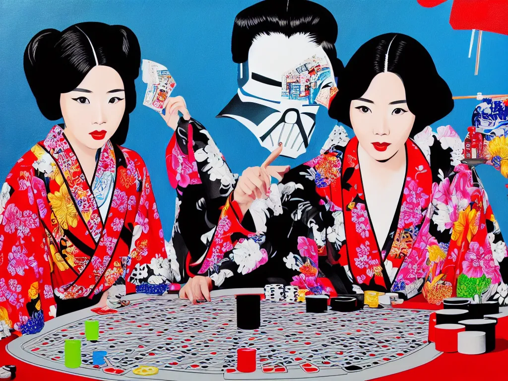 Image similar to hyperrealistim composition of the detailed single woman in a japanese kimono sitting at a extremely detailed poker table with darth vader, fireworks, river on the background, pop - art style, jacky tsai style, andy warhol style, acrylic on canvas