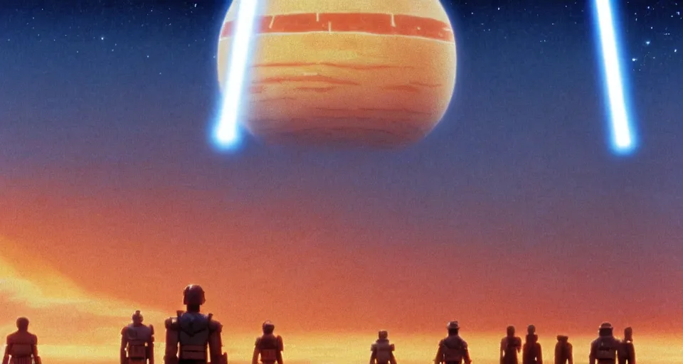 Image similar to beautiful wide shot tatooine landscape obi wan kenobi Luke skywalker droids binary sunset in Star Wars a new hope 1977 by studio ghibli, Miyazaki, animation, highly detailed, 70mm