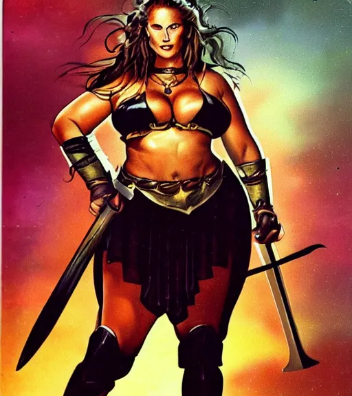 Prompt: 1 9 8 0 s fantasy novel book cover, bbw plus size amazonian natalie portman in extremely tight bikini armor wielding a cartoonishly large sword, exaggerated body features, dark and smoky background, low quality print