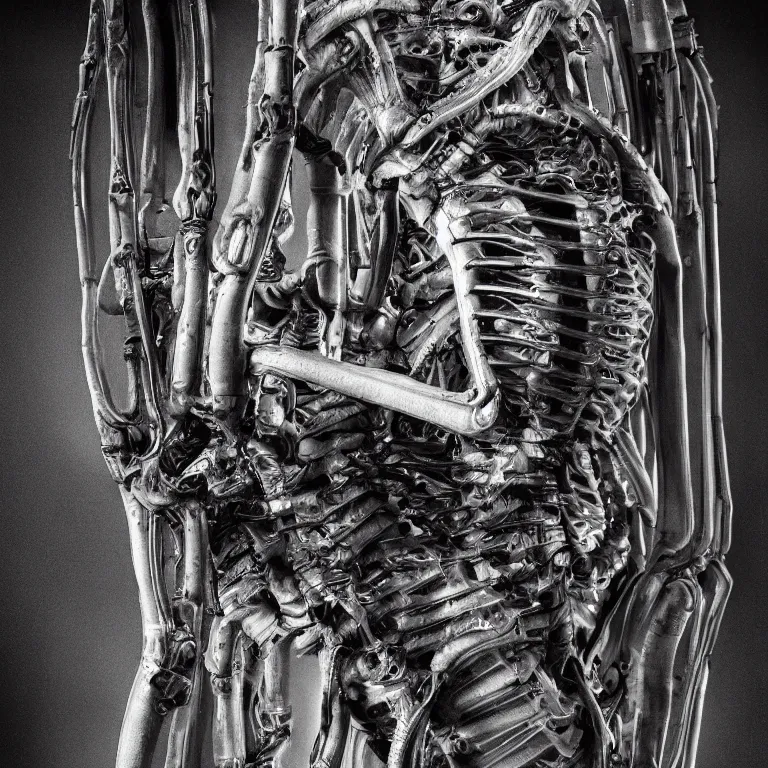 Prompt: Hyperdetailed photograph of a quadrapedal biomechanical alien exoskeleton. dark backdrop, 50mm, f/2.8, H.R Giger