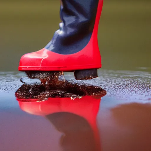 Image similar to digital art of a baby pig wearing red rainboots in a puddle, 8 k render, octane render, saturated