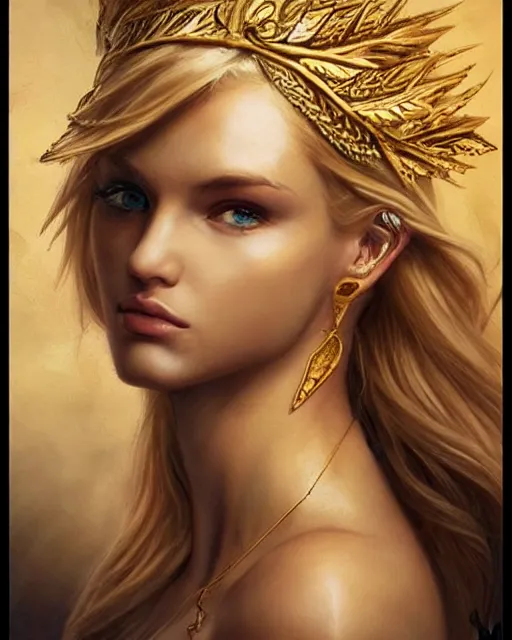 Image similar to tattoo design sketch of hot blonde super model as aphrodite greek goddess wearing a gold laurel wreath and triangle earrings, beautiful piercing gaze with sharp pupils, in the style of greg rutkowski, fantasy, amazing detail, epic, elegant, smooth, sharp focus, front view