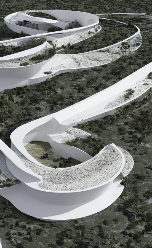 Image similar to architectural section of bioremediation white architecture, in chuquicamata, epic, cinematic, hyperealistic