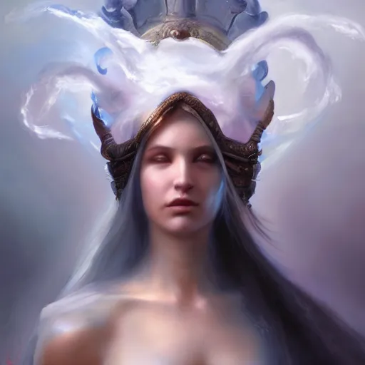 Image similar to a painting of a cloud goddess with a veil on her head, a hyperrealistic painting by Raymond Swanland, featured on cgsociety, fantasy art, daz3d, artstation hd, hyper-realistic