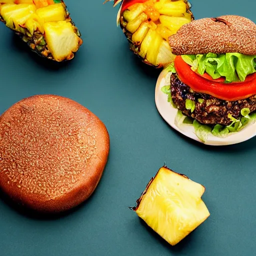 Prompt: juicy hamburger with crispy buns topped with pineapple, 8 k resolution, food photography, studio lighting, sharp focus, hyper - detailed