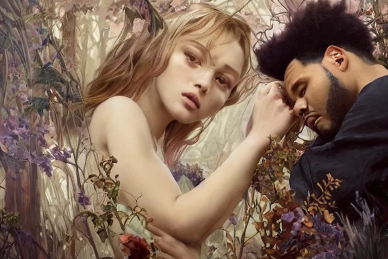 Image similar to Music video screenshot of The Weeknd song Save your tears, unreal, fantasy, intricate, elegant, dramatic, highly detailed, photorealistic, digital painting, painterly, artstation, concept art, smooth, sharp focus, art by John Collier and Krenz Cushart and Artem Demura and Alphonse Mucha and Albert Aublet