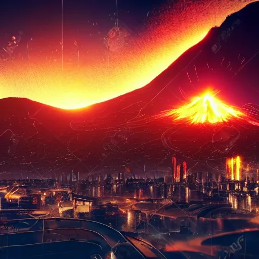 Image similar to large cyberpunk city on fire with volcano erupting in the background, planets in the sky, sharp focus, highly detailed, night