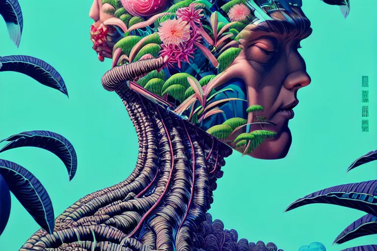 Image similar to gigantic robot head, a lot of exotic vegetation, trees, flowers by moebius, junji ito, tristan eaton, victo ngai, artgerm, rhads, ross draws, hyperrealism, intricate detailed, risograph