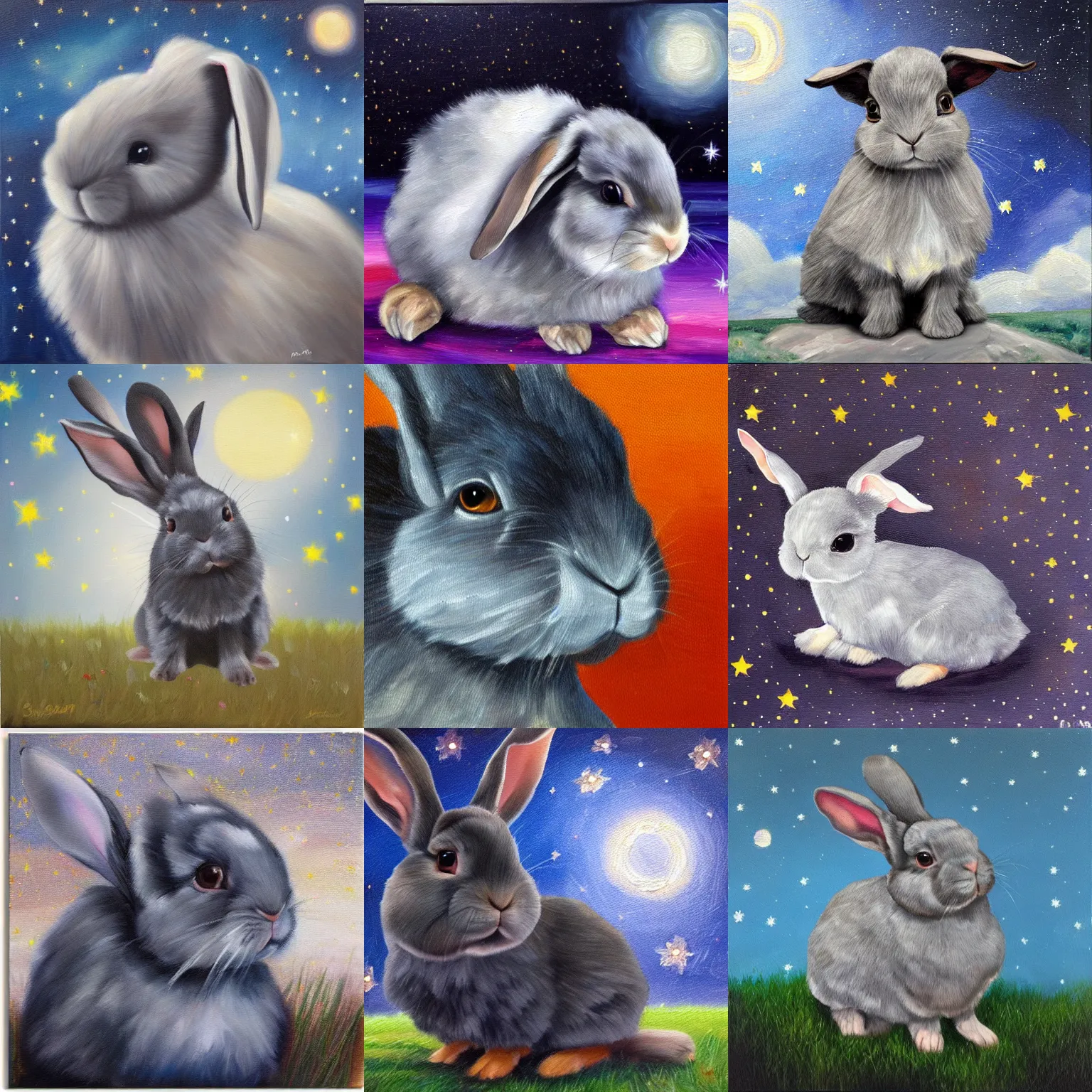 Prompt: Oil painting portrait of a dark gray holland lop rabbit, starry sky, dreamy
