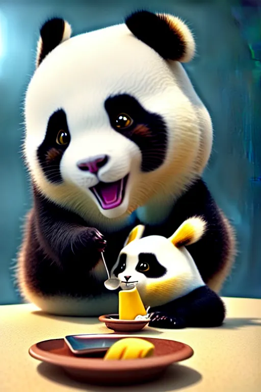 Prompt: high quality 3 d render hyperrealist very cute lowbrow happy panda & cat hybrid eating ice cream, vray smooth, in the style of detective pikachu, very dramatic light, low angle, uhd 8 k, shallow depth or field