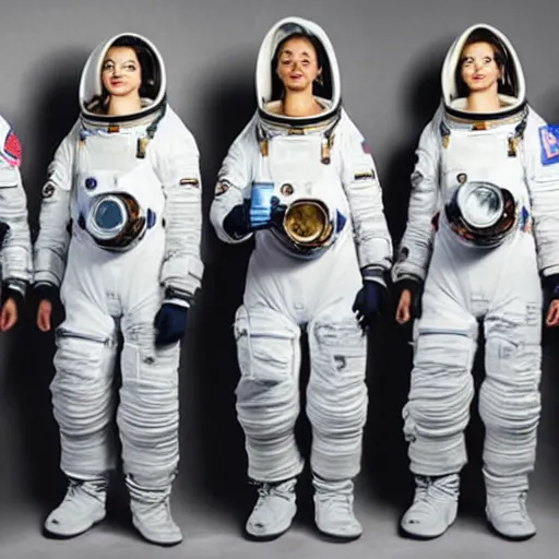 Image similar to 8 queens dressed as astronauts looking at the universe