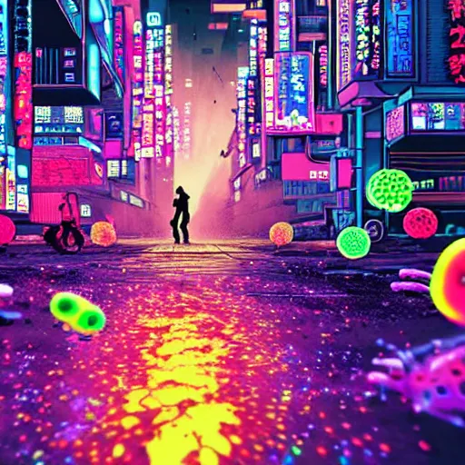 Prompt: giant colorful bright microbe and virus and dna and bacteriophage eat people in streets, neo - tokyo, realistic, 8 k, ultra detailed