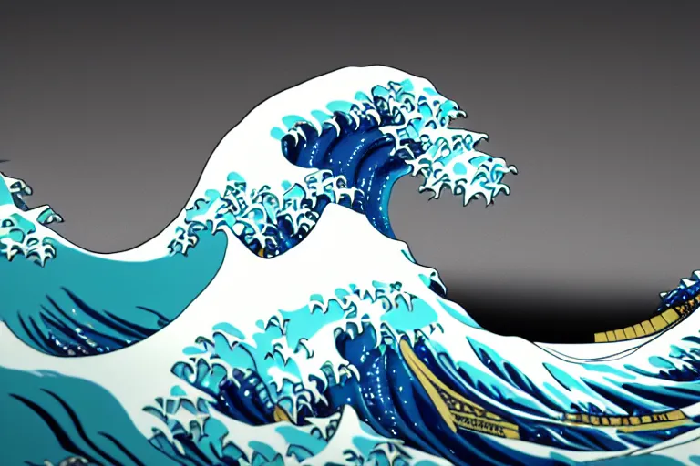 Prompt: A 3D render of fluffy vanilla ice cream shaped like the great wave off kanagawa, 4K, unreal engine, 3d render