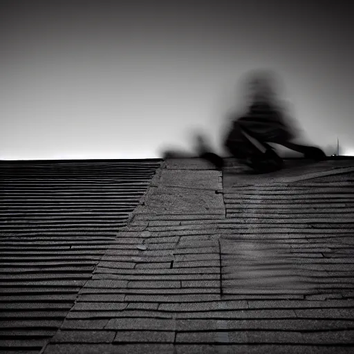 Prompt: a photo of shadowy figure on a roof, black and white, long exposure, motion blur, 35mm