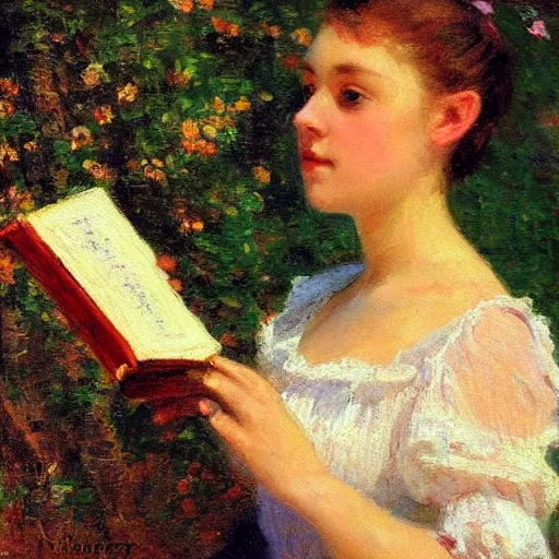 Image similar to portrait of a young woman holding a book, impressionism, realism, landscape, portrait, romanticism, painting by nikolay makovsky