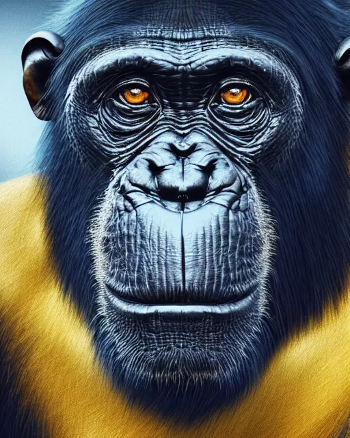 Prompt: gold, blue, very detailed high resolution portrait of a chimpanzee, 3 d, 8 k, extremely detailed, artstation