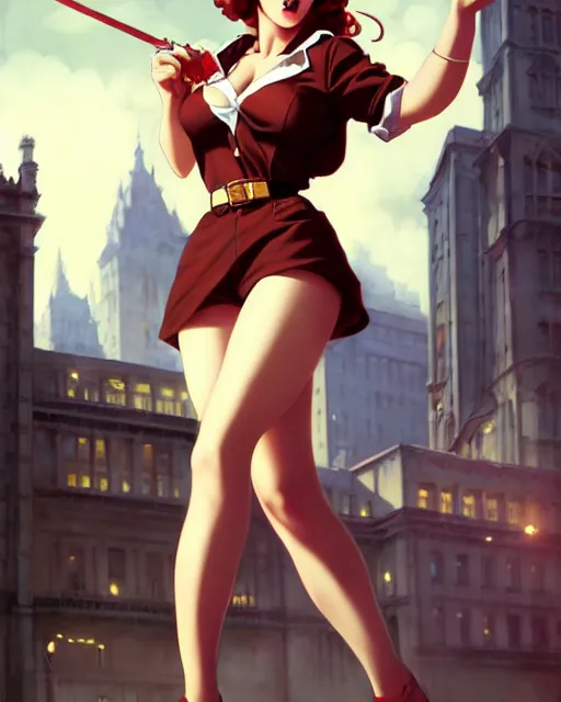 Image similar to pinup photo of hermione jean granger in the crowded square of the city, by greg rutkowski, artgerm, gil elvgren, enoch bolles, glossy skin, pearlescent, anime, very coherent, sao style anime, flat