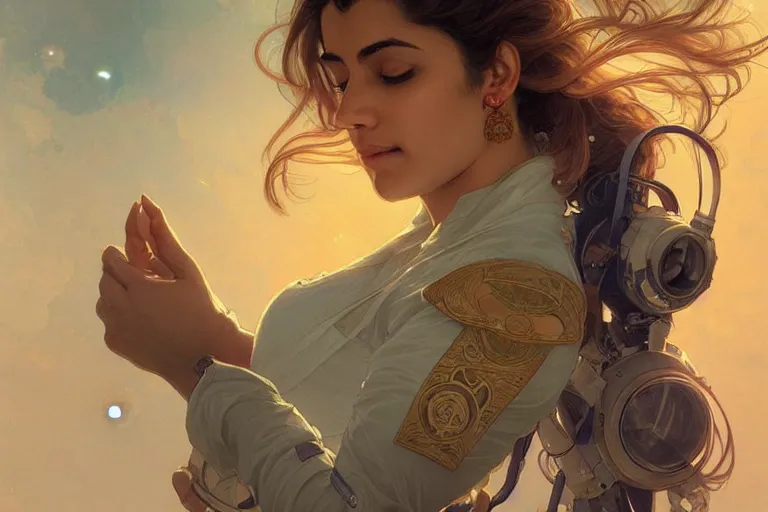 Image similar to Sensual good looking pale young Indian doctors wearing jeans in a space station above Earth, portrait, elegant, intricate, digital painting, artstation, concept art, smooth, sharp focus, illustration, art by artgerm and greg rutkowski and alphonse mucha