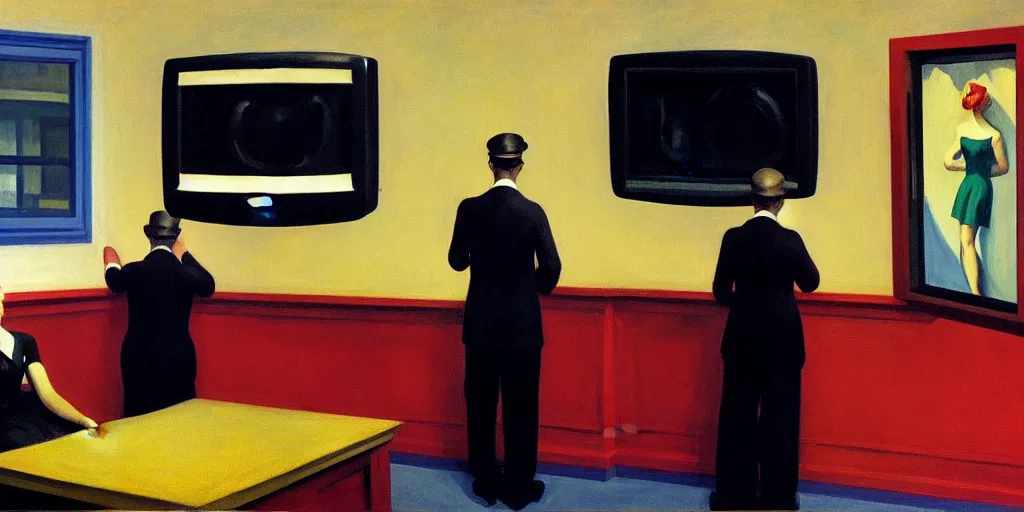 Prompt: edward hopper painting of a crt television broadcasting propaganda outside of the screen, lots of people standing around with no eyes. one normal person with eyes, a young man, frightened about what is going on around him s 1 5 0