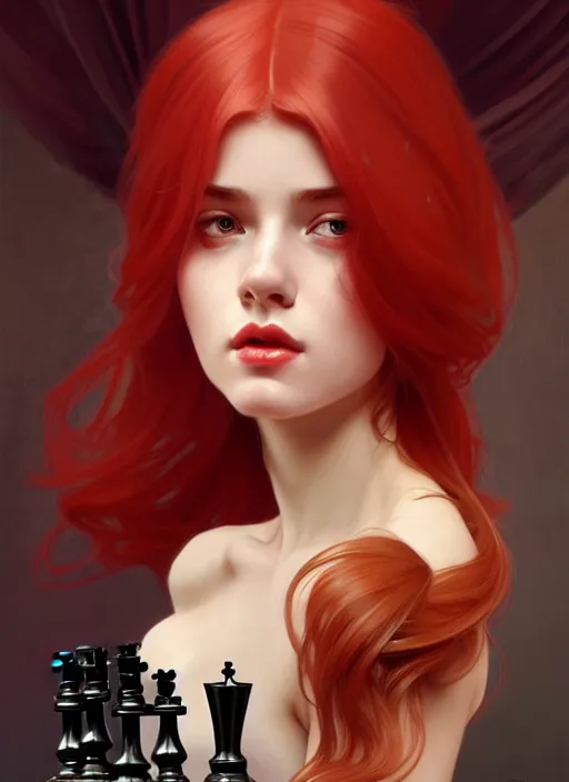 Image similar to a full body fashion photography of a girl playing chess, red hair, intricate, elegant, clearly visible face, highly detailed, digital gallery painting, artstation, concept art, smooth, sharp focus, illustration, art by artgerm and greg rutkowski and alphonse mucha, 8 k