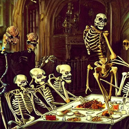 Image similar to a bloody skeleton man is eating a plate of rats at a banquet inside a Victorian castle super detailed uhd ultra realism 35mm