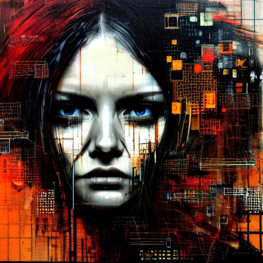 Prompt: hyperrealistic portrait of a determined women with long hair, gritty, cybernetics, digital ui, abstract blocks, by Guy Denning, Russ Mills, glitch art, hacking effects, glitch effects, digital tech effects, chromatic, color blocking!, octane, object centered, oil on canvas, concept art, abstract, trending on artstation