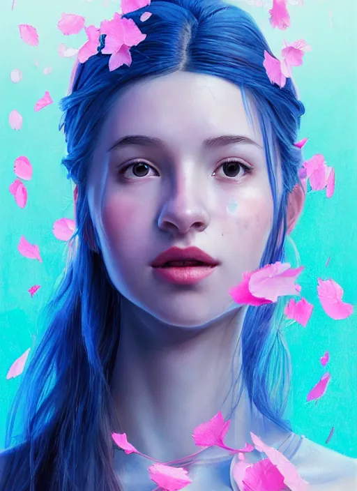 Image similar to wendys restaurant girl covered in translucent blue and pink leaf and petals in the style of stefan kostic, cute - fine - face, dasha taran, backlit, refracted lighting, elegant, half body shot, 8 k, insanely detailed, intricate, art by stanley lau, artgerm, wlop, kuvshinov ilya,