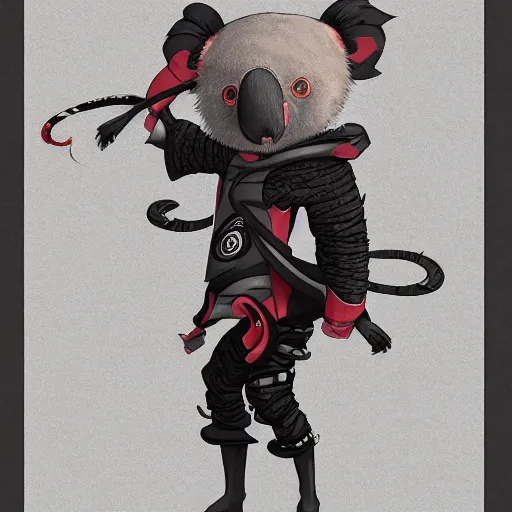 Image similar to an elegant demon koala dressed in a smart black shinobi outfit with naruto band, digital art by łukasz piskorz and patrick mcenvoy and michael komarck, intricate, highly detailed, artstation, concept art, smooth, sharp focus