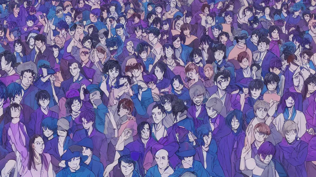 Prompt: a detailed small group of people seen from the front dancing together at a concert,, dark blue and intense purple color palette, in the style of kentaro miura