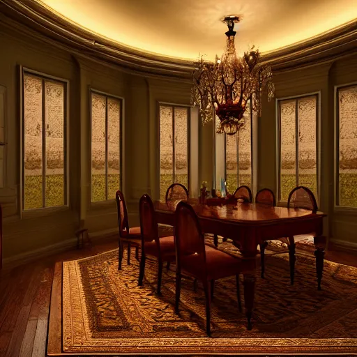 Prompt: Dining room, luxury, Victorian, artstation, artgerm, 35mm photography, hyper realistic, 8K, cool lighting, sleek, bed, cabinet furniture, large windows to forest at night