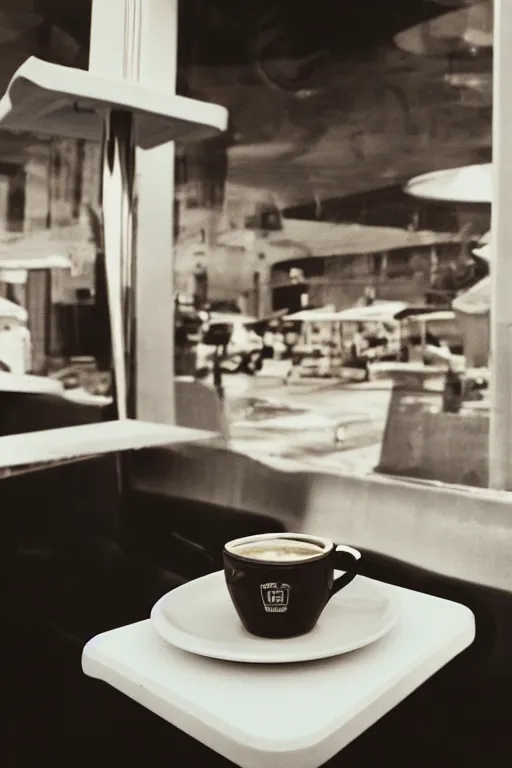 Prompt: a cup of coffee sitting on top of a white table diner booth, high angle, a hyperrealistic photo by IAN SPRIGGS, flickr, conceptual art, photo taken with ektachrome, photo taken with provia, kodak portrait