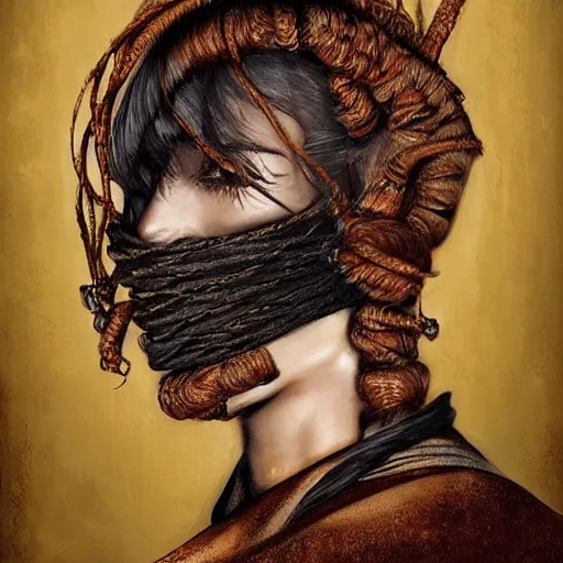 Image similar to portrait of a Shibari rope wrapped face and neck, headshot, insanely nice professional hair style, dramatic hair color, digital painting, of a old 15th century, young cyborg Rubber Nun, amber jewels, baroque, ornate clothing, scifi, realistic, hyperdetailed, chiaroscuro, concept art, art by Franz Hals and Jon Foster and Ayami Kojima and Amano and Karol Bak,