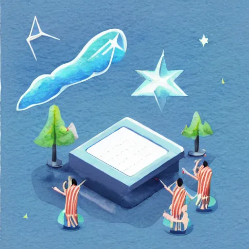 Prompt: isometric watercolor illustration of a printer floating in space, bright stars, flat sythwave artstyle