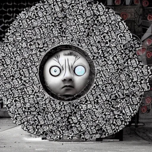 Image similar to a pair of interlocking wheels covered in eyes