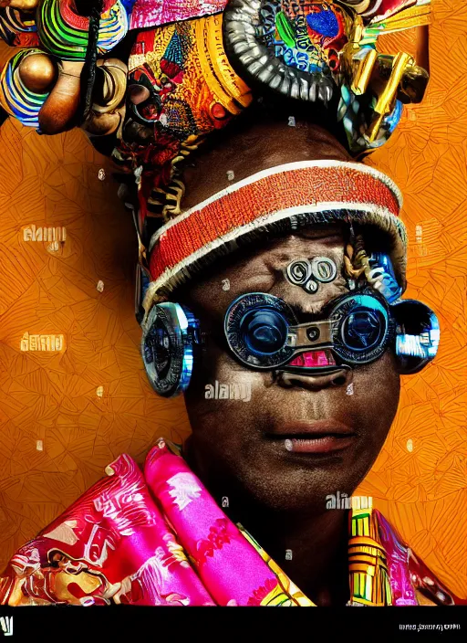 Prompt: an african chief wearing a colourful Japanese Kimono and steam punk googles, african facial features, full body shot, rembrandt lighting, magazine collage,