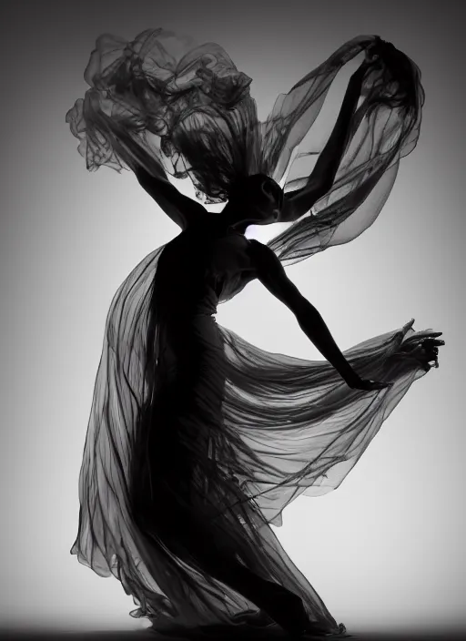 Prompt: a photorealistic dramatic hyperrealistic render of a glamorous beautiful female smoke dancer by ken brower and deborah ory of nyc dance project, lois greenfield, flowing cloth and smoke, beautiful dynamic dramatic dark moody lighting, volumetric, shadows, cinematic atmosphere, octane render, 8 k