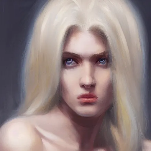 Prompt: a character concept of a blonde woman, oil painting, pale colors, high detail, 8 k, wide angle, trending on artstation,