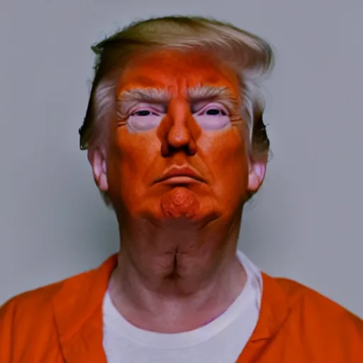 Image similar to donald trump dressed as an orange prisoner in a prison cell, medium - shot, photographic, natural light failing on his face, by terry richardson