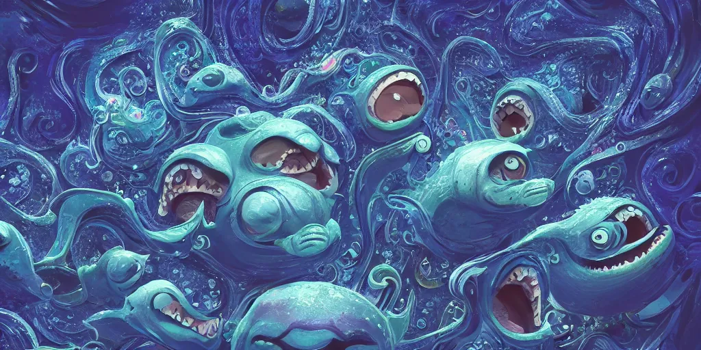 Image similar to of an intricate deep sea with strange cute friendly happy creatures with huge eyes, mouth, long tongue, round teeth and goofy face, appearing from the background, in the style of gehry and gaudi, macro lens, shallow depth of field, ultra detailed, digital painting, trending artstation, concept art, illustration, cinematic lighting, photorealism, epic, octane render