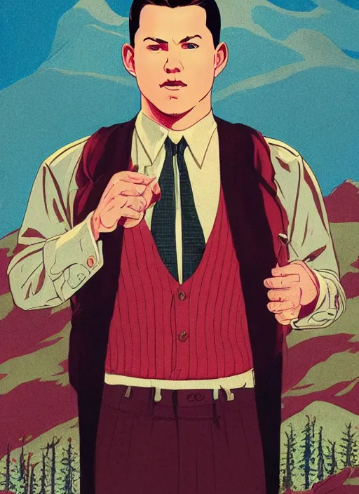 Prompt: Twin Peaks poster artwork by Michael Whelan, Bob Larkin and Tomer Hanuka, of a solo individual portrait of Channing Tatum wearing a 1920s red striped outfit, dapper, simple illustration, domestic, nostalgic, full of details, by Makoto Shinkai and thomas kinkade, Matte painting, trending on artstation and unreal engine