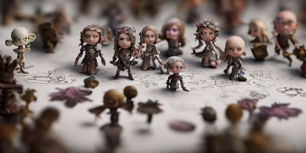 Prompt: closeup portrait of tiny d & d minis on white paper table in an artist workshop, depth of field, zeiss lens, detailed, centered, fashion photoshoot, by nicoletta ceccoli, mark ryden, lostfish, breathtaking, 8 k resolution, extremely detailed, beautiful, establishing shot, artistic, hyperrealistic, octane render