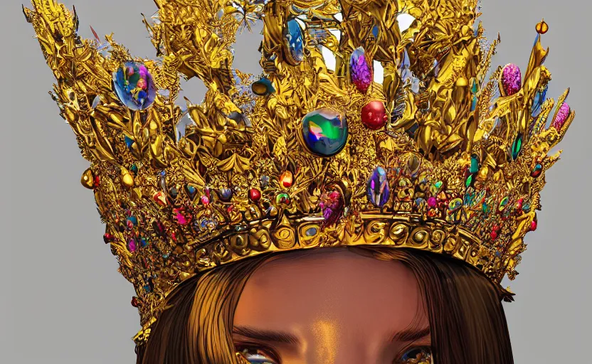 Image similar to Golden crown adorned with multicolored gems, hyperdetailed, artstation, cgsociety, golden hour 8k