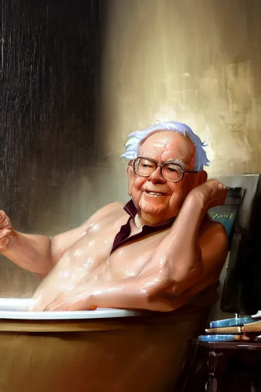 Image similar to baroque oil painting of anime key visual concept art of warren buffet sitting in a bathtub full of usd cash money, award winning, trending on artstation, palette knife! and brush strokes, oil on canvas, makoto shinkai greg rutkowski studio ghibli