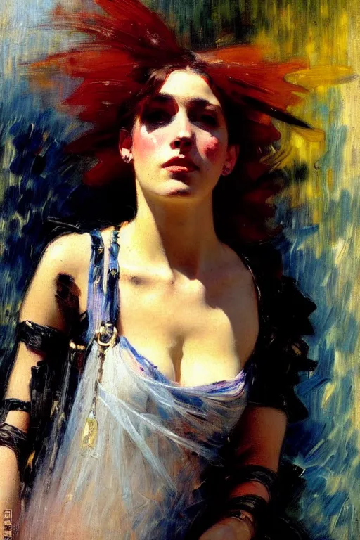 Image similar to impressionist brushstrokes!!!! solomon joseph solomon and richard schmid and jeremy lipking victorian loose genre loose painting full length portrait painting of a young beautiful woman punk rocker