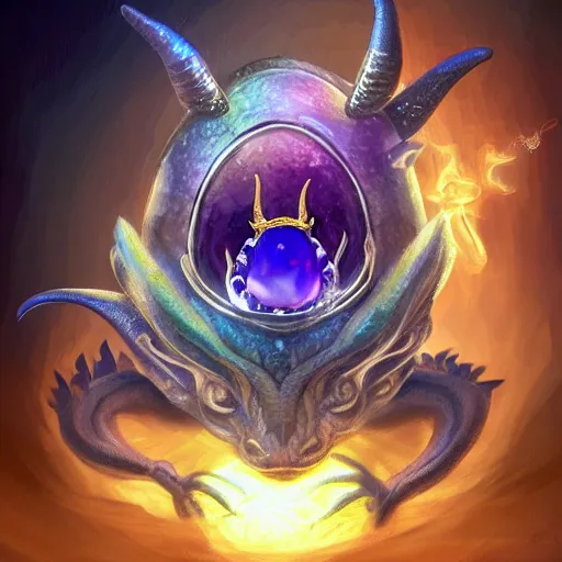 Prompt: baby dragon hatchling with horns, hatching out of a dragon egg, opals, amethyst, gold, velvet fabric, fantasy, mythology, unreal engine, digital painting, ethereal, heavenly,