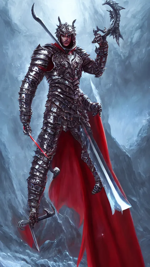 Image similar to male demon holding a obsidian sword, ice metallic armor, red cape, detailed arms, intricate ice armor, two arms, two legs, detailed fanart, rpg art, d&d art, macro art, digital art, DeviantArt, artstation, 8k HD