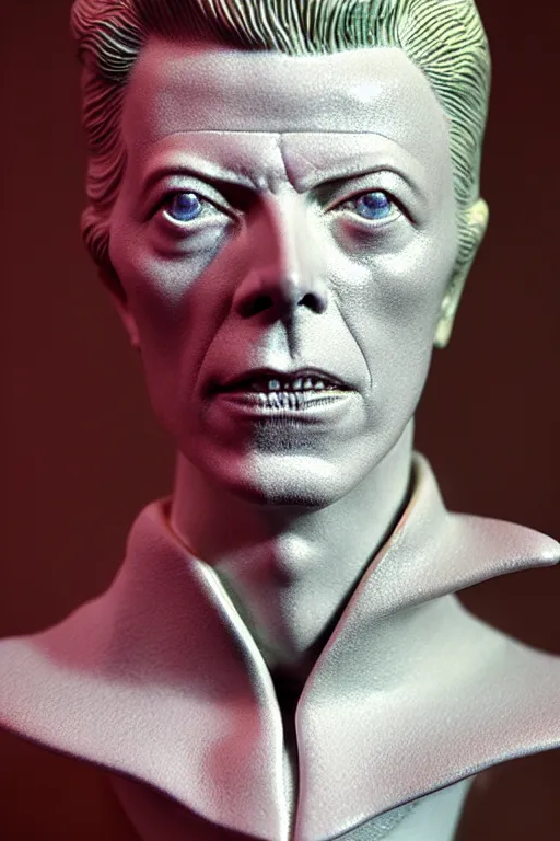 Image similar to David Bowie , A Close up photo-real delicate ceramic porcelain sculpture of a symmetrical ornate detailed in front of an intricate background by Victo Ngai and takato yamamoto, micro detail, backlit lighting, face in focus, subsurface scattering, translucent, thin porcelain, octane renderer, colorful, physically based rendering, japanese pottery, trending on cgsociety