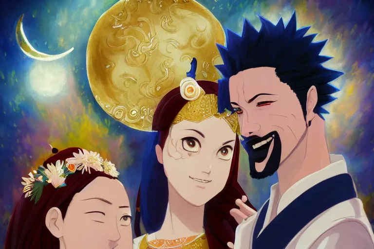 Image similar to a cinematic portrait of wedding photograph jpeg close up moment of a divine a japan sun god and moon goddess lovers magician at a wedding banquet. portraiture. digital painting. artstation. concept art. wedding photo. digital painting. naruto the movie art masterpiece by art by krenz cushart