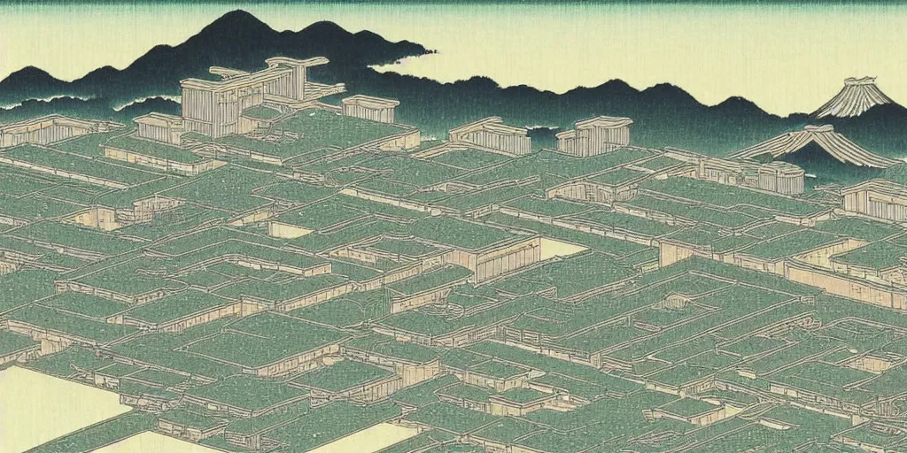 Prompt: an elder chinese space city by kawase hasui. hd